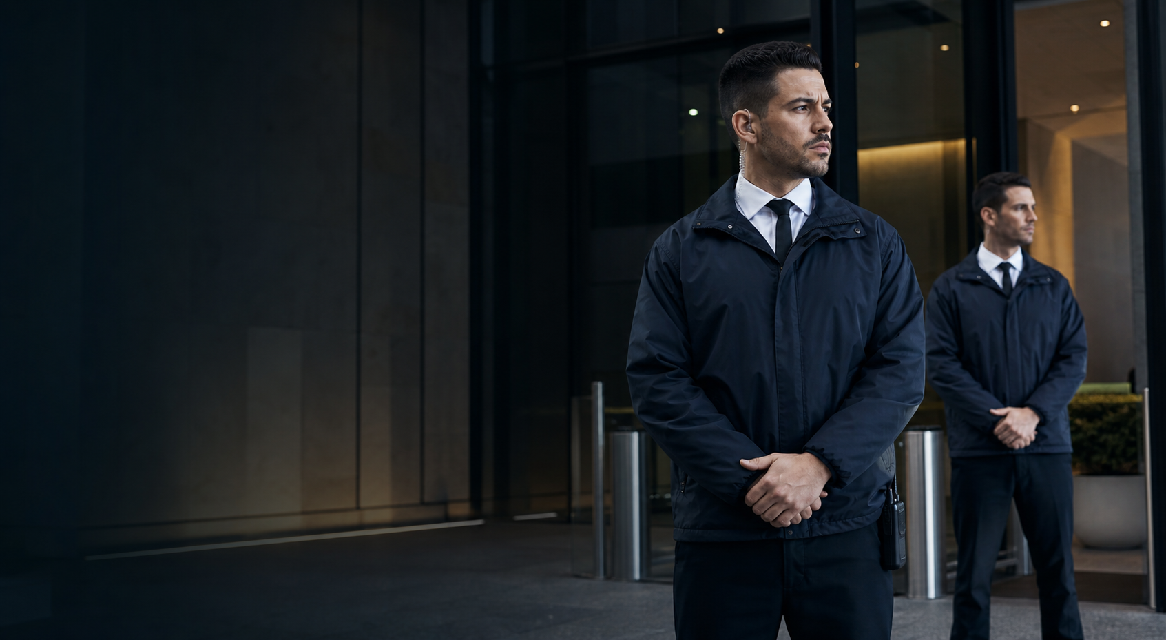 Security guards standing outside a commercial building